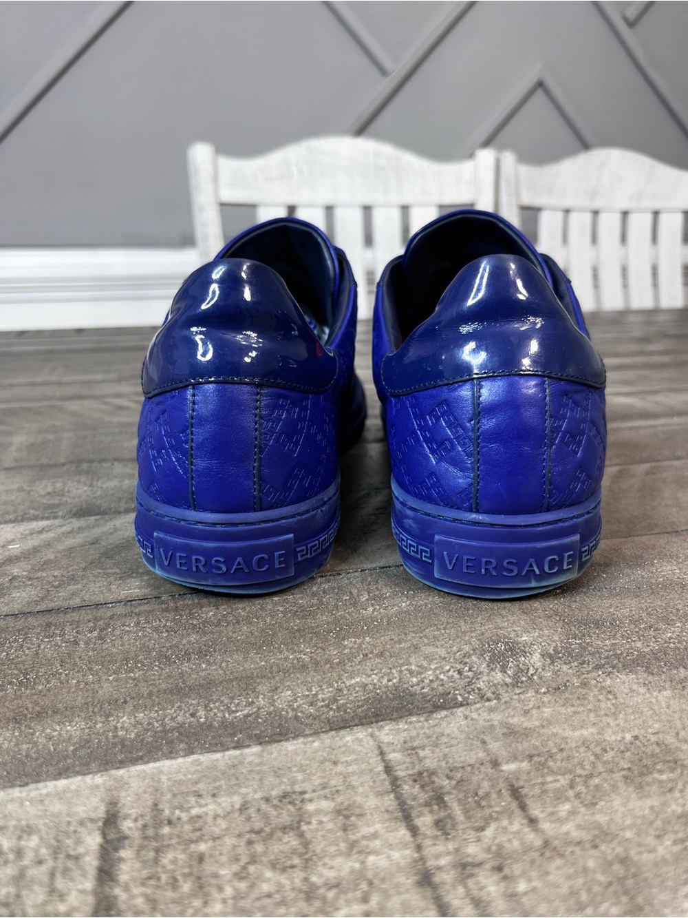 Versace Greca Pattern Leather Royal Blue Mens Sz 12 - Picture 4 of 7